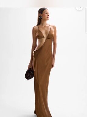 Brown Cutout Maxi Dress with Plunge Neckline